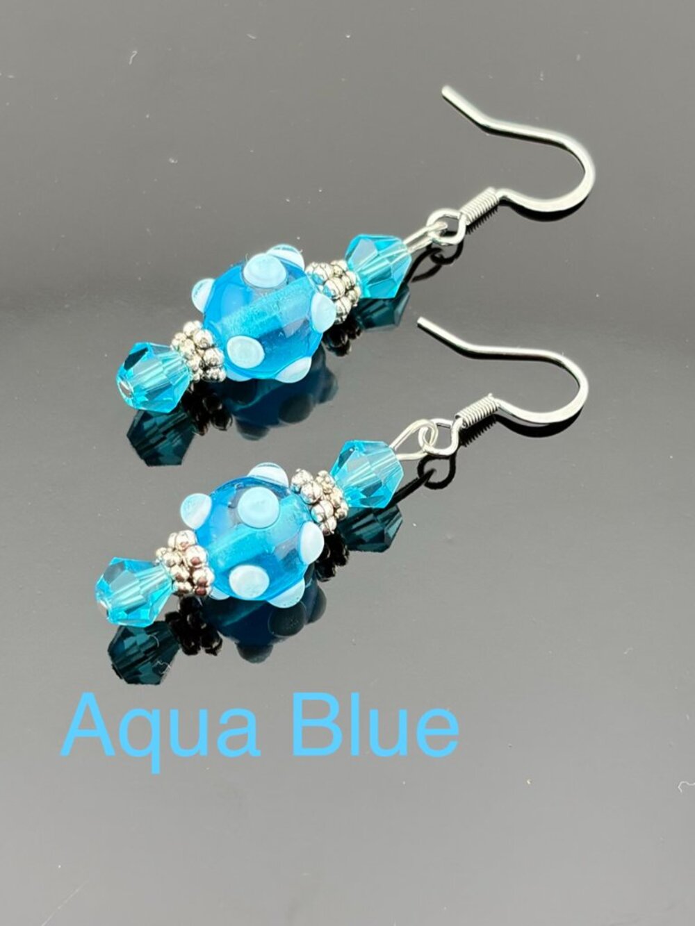 Colorful Dotted Lampwork Glass Bead Handmade Earrings AQUA BLUE LR241